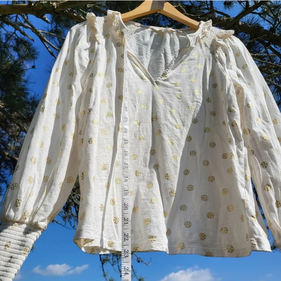 Boden Long Sleeve Smocked Balloon Sleeve Frilled Ruffle Gold Foil Peasant Top S - Picture 7 of 9